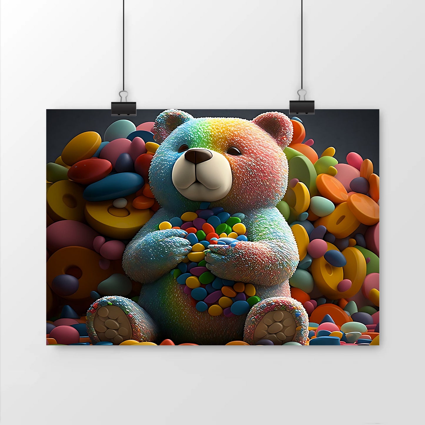 Poster de 29,7 par 21 d'un ours gourmand entouré de friandises